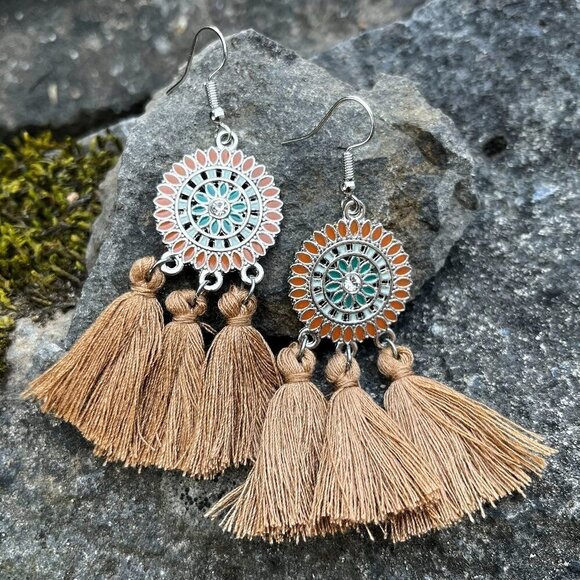 Flower Bohemian Fringe Tassel Earrings Tan - Picture 3 of 4